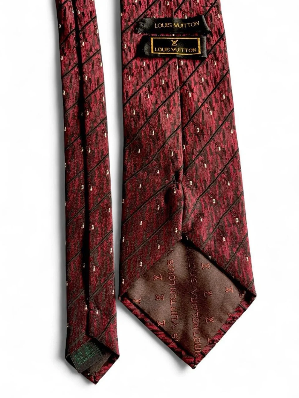 Vintage Louis Vuitton burgundy tie with diagonal stripes and small white dots